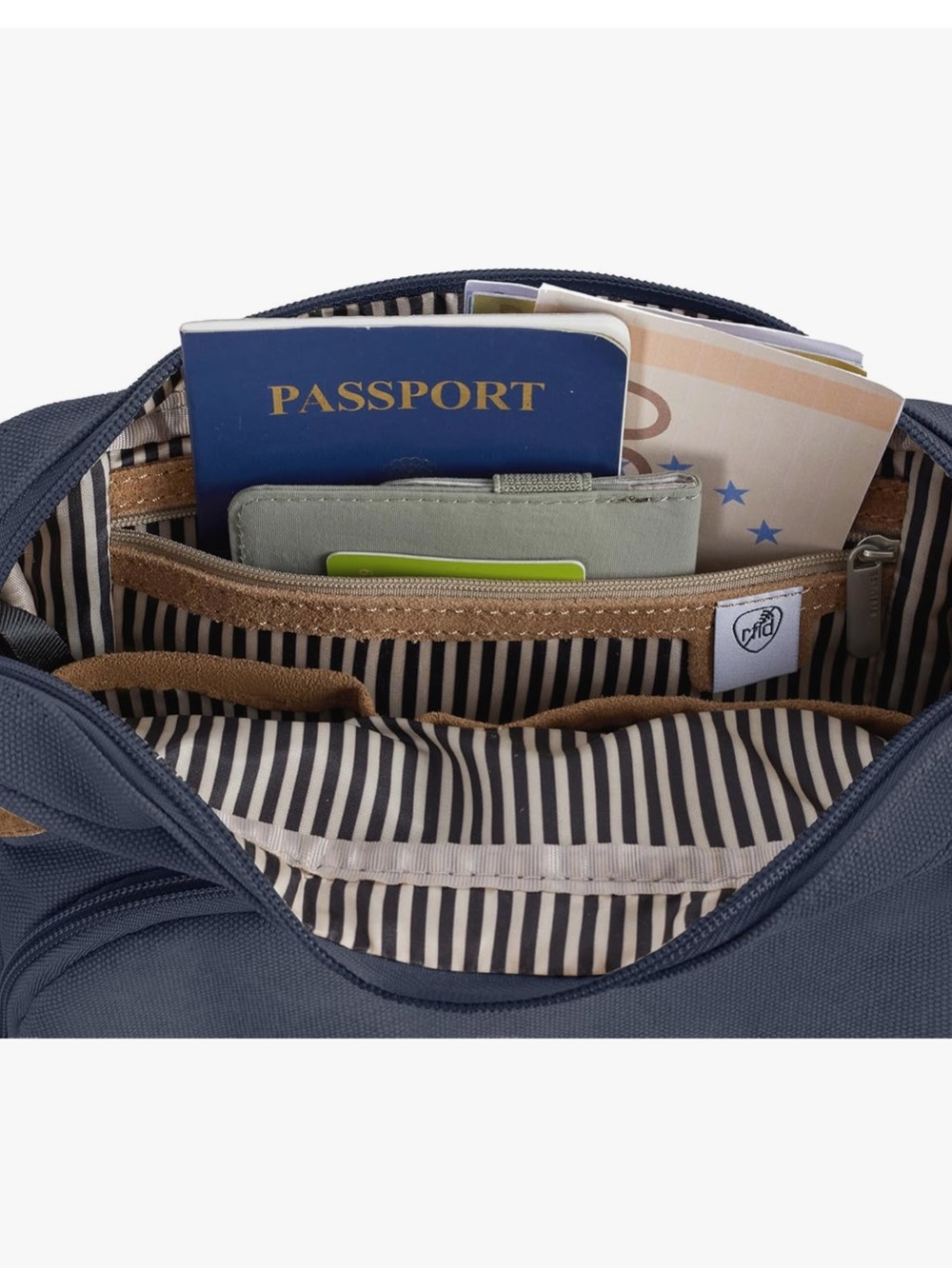 Travelon Navy Blue Canvas Messenger Bag with Tan Accents - Picture 10 of 12
